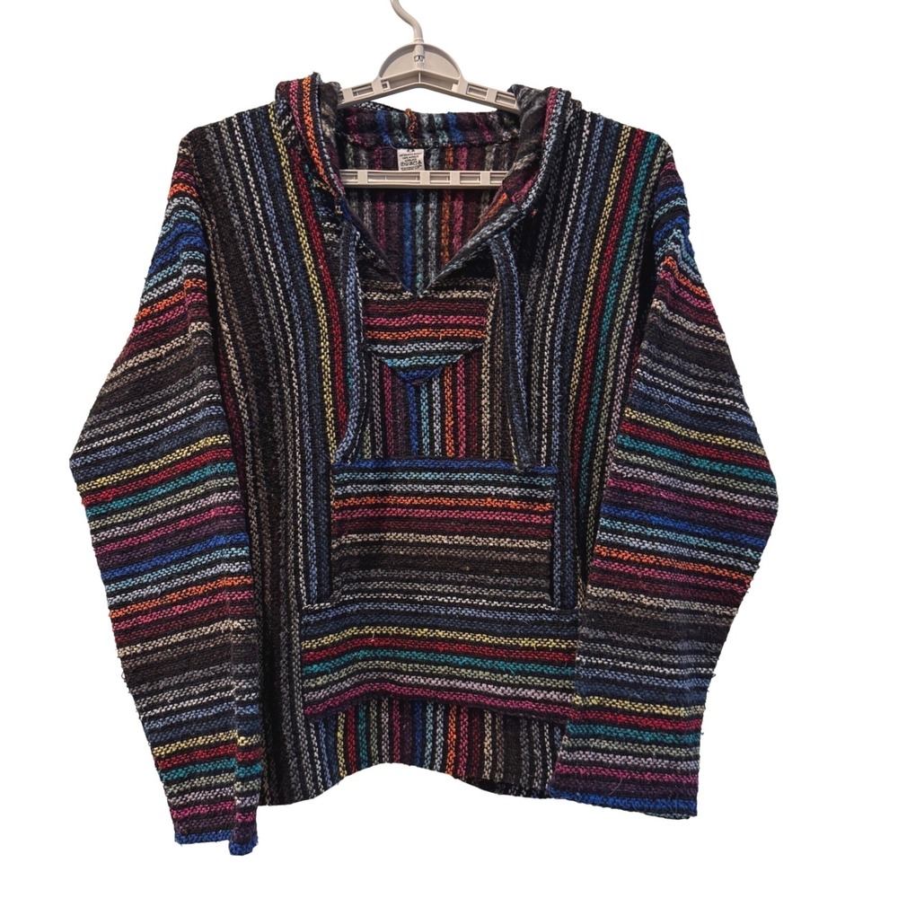 Artesanias Mickey Baja Hoodie Multicolor Striped Woven Boho Hippie Mens L READ